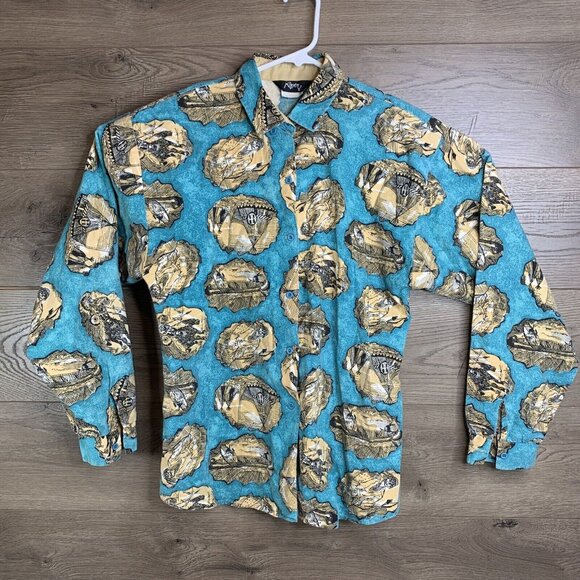 Vintage Roper Western Button-Up Shirt With Native American Print In Turquoise & - Picture 3 of 10